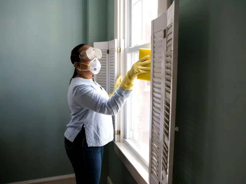 Facility services crew member cleaning an office corridor